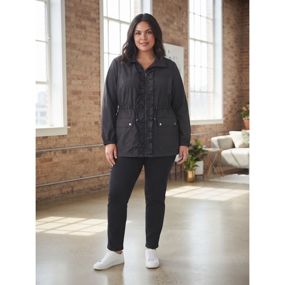 Style & Co Womens Plus 18W Black Ruffle Utility Jacket Drawstring Waist Anorak